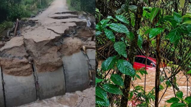 Estrada destruída pela enchente e carro vermelho parcialmente submerso em área alagada no Paraná