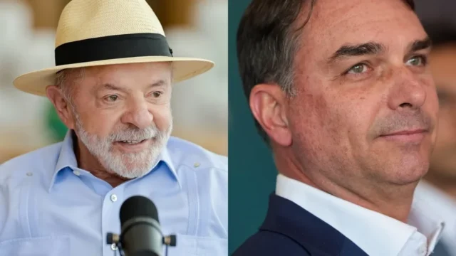 Montagem com fotografias do presidente Luiz Inácio Lula da Silva e do senador Flávio Bolsonaro lado a lado