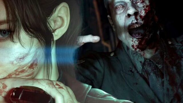 Personagem feminina segurando arma ensanguentada ao lado de um zumbi com ferimentos no rosto
