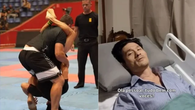 Atleta recebendo golpe durante competição de jiu-jitsu e, ao lado, o lutador internado em leito de hospital