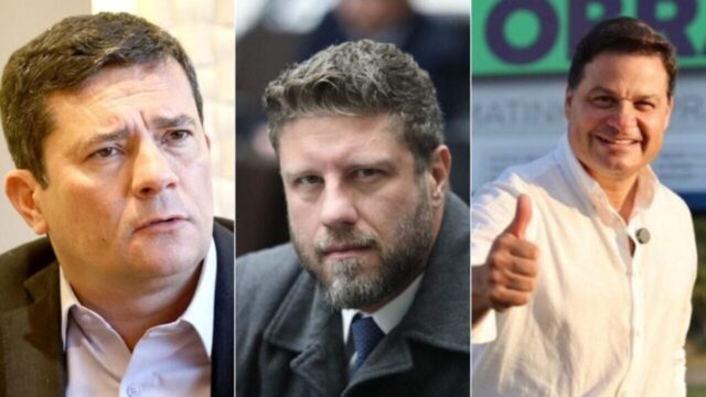 Três homens em destaque, representando os candidatos que participam do Debate na RPC no Paraná