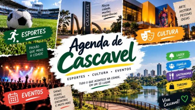 Arte gráfica da Agenda de Cascavel com imagens de estádio, monumento, centro cultural e parque urbano