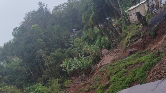 Encosta de terra com vegetação e deslizamento próximo ao asfalto
