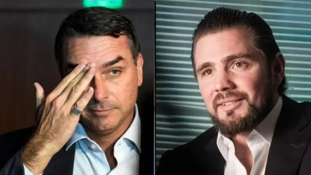 Flávio Bolsonaro ao lado de imagem que ilustra matéria jornalística