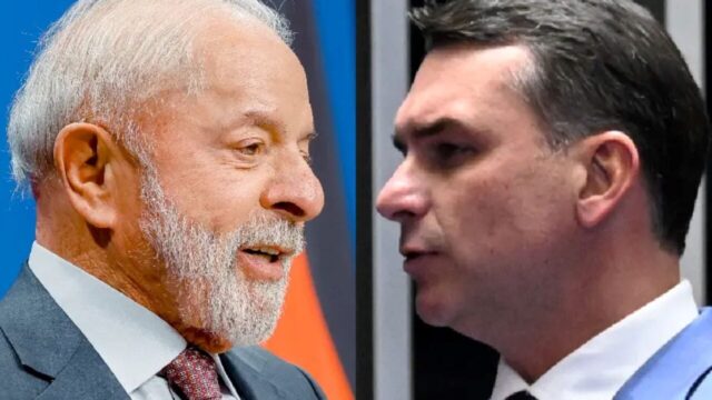 Montagem com rostos do presidente Luiz Inácio Lula da Silva à esquerda e do senador Flávio Bolsonaro à direita