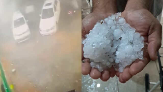 Duas imagens mostrando carros sob chuva forte e mãos segurando grande quantidade de pedras de granizo