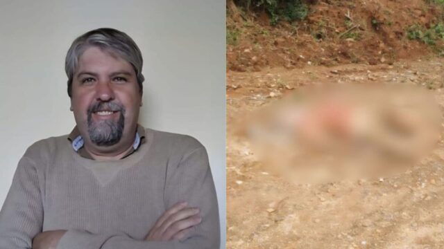 Foto dividida mostrando Ricardo de Oliveira Osinski à esquerda e um local com corpo borrado à direita