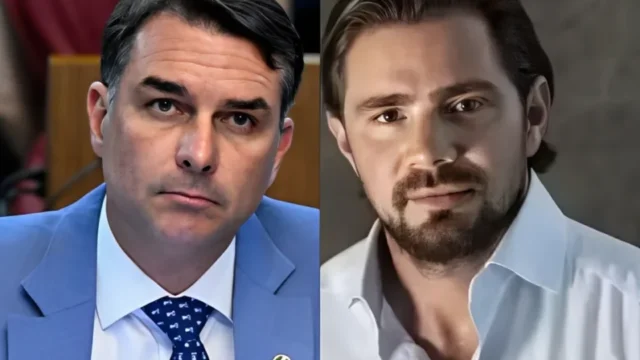 Foto lado a lado do senador Flávio Bolsonaro e outra pessoa em tom ilustrativo
