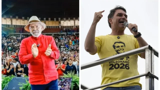 Montagem com fotos de Lula e Flávio Bolsonaro durante atos de campanha