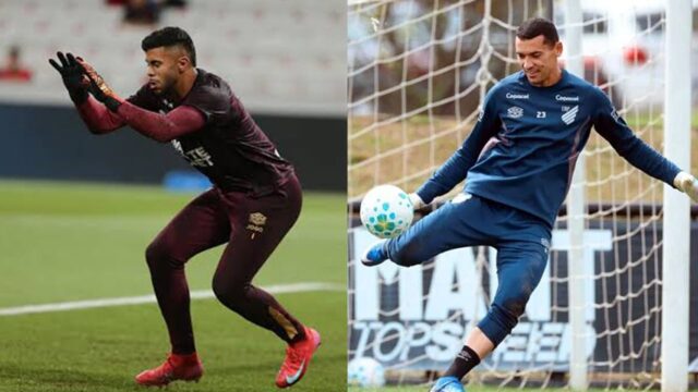 Goleiros Mycael e Santos durante sessões de treinamento no Athletico