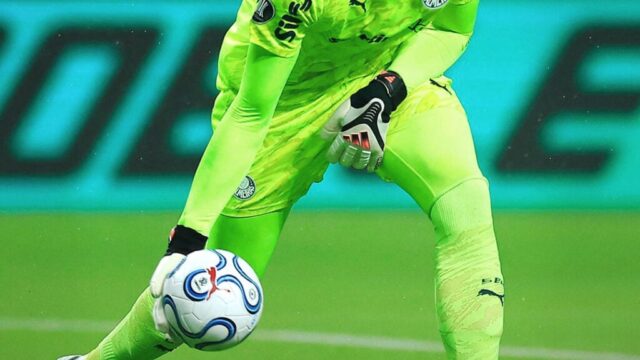 Goleiro Carlos Miguel com uniforme verde do Palmeiras agachado segurando a bola no gramado