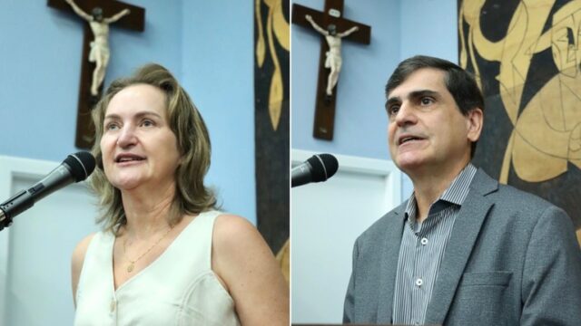 Duas fotos divididas mostrando pessoas discursando em púlpito com microfone na Câmara Municipal de Ponta Grossa