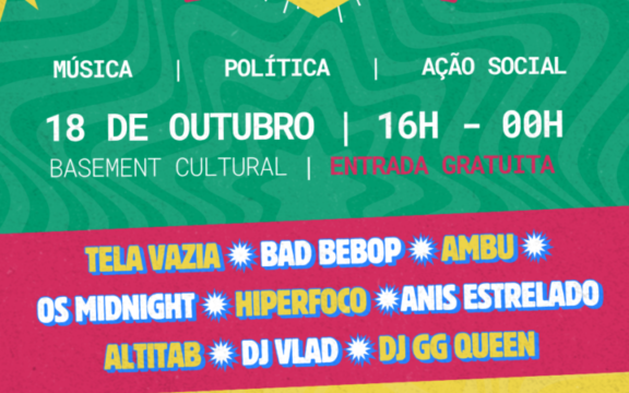 Cartaz colorido do festival Rock N Movuca com programação de bandas e roda de conversa