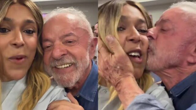 Deputada federal Erika Hilton sorri ao lado do presidente Luiz Inácio Lula da Silva, que beija sua bochecha
