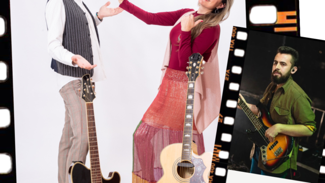 Músicos da Banda Casa Cantante e da Hoovaranas posam juntos segurando instrumentos e câmera fotográfica em estúdio