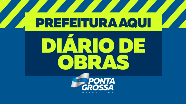 Arte gráfica com as inscrições Prefeitura Aqui e Diário de Obras sobre fundo azul e listras amarelas