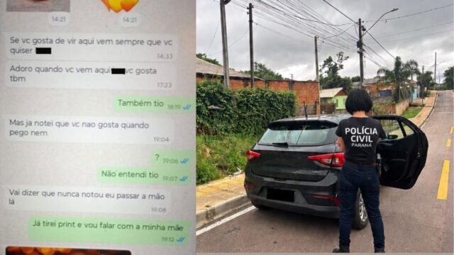 Conversa de aplicativo mostrando mensagens de assédio e policial civil uniformizada em rua