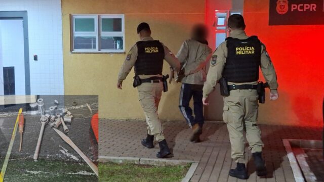 Suspeito de furto algemado sendo conduzido por policiais militares da Polícia Militar em Cascavel