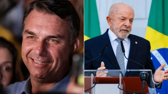 Fotos lado a lado de Flávio Bolsonaro sorrindo e do presidente Luiz Inácio Lula da Silva falando ao microfone