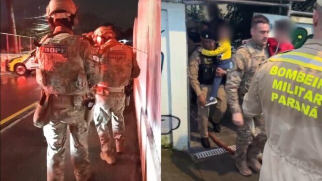 Policiais do Bope e bombeiros militares durante operação em CMEI após invasão em Curitiba