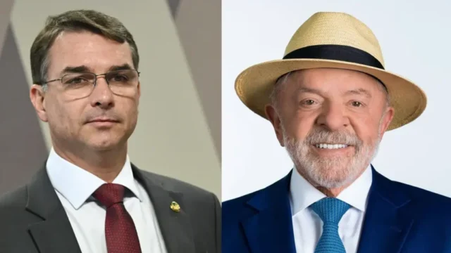 Retratos lado a lado de Flávio Bolsonaro e do presidente Lula