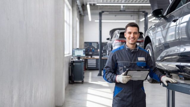 Mecânico sorridente com tablet em uma oficina mecânica moderna ao lado de carro elevado
