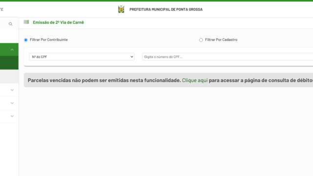 Tela do Portal do Contribuinte da Prefeitura de Ponta Grossa com campos para emissão de carnês