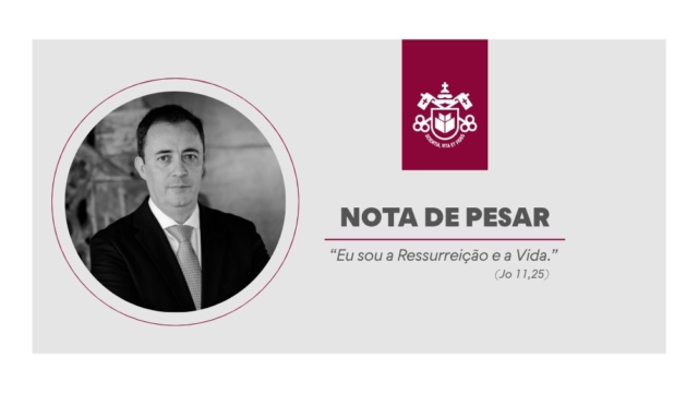 Nota oficial de pesar com foto em preto e branco do Reitor da PUCPR e o brasão da instituição