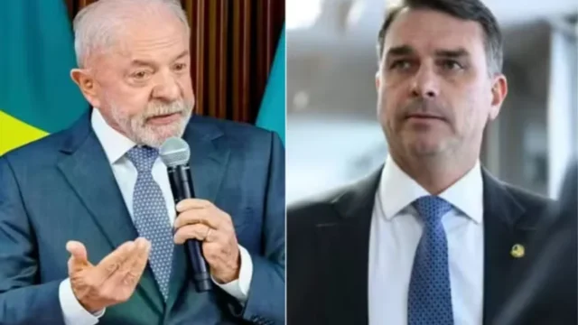 Foto em montagem de lado a lado mostrando o presidente Lula e o senador Flávio Bolsonaro