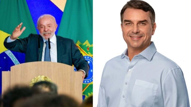Montagem com fotos de Luiz Inácio Lula da Silva gesticulando e Flávio Bolsonaro sorrindo