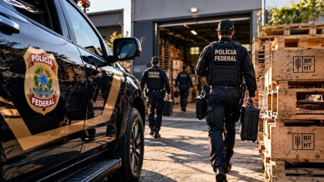 Agentes da Polícia Federal com coletes táticos caminham em direção a um galpão ao lado de viatura oficial