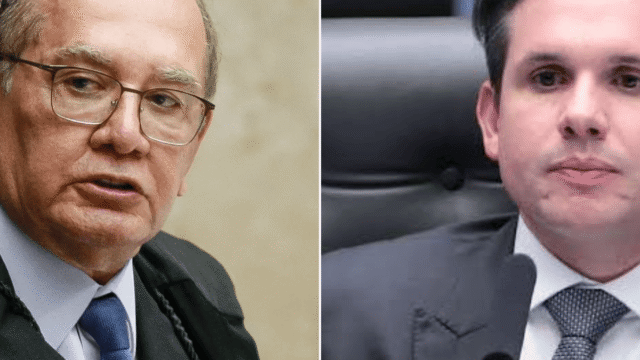 Foto dividida ao meio mostrando o ministro Gilmar Mendes à esquerda e o deputado Hugo Motta à direita