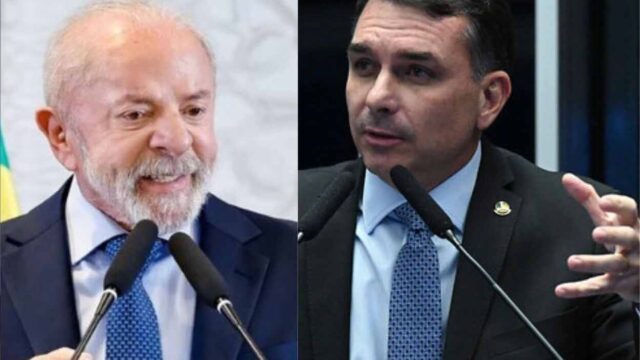Montagem com fotos de Lula e Flávio Bolsonaro discursando em tribunas